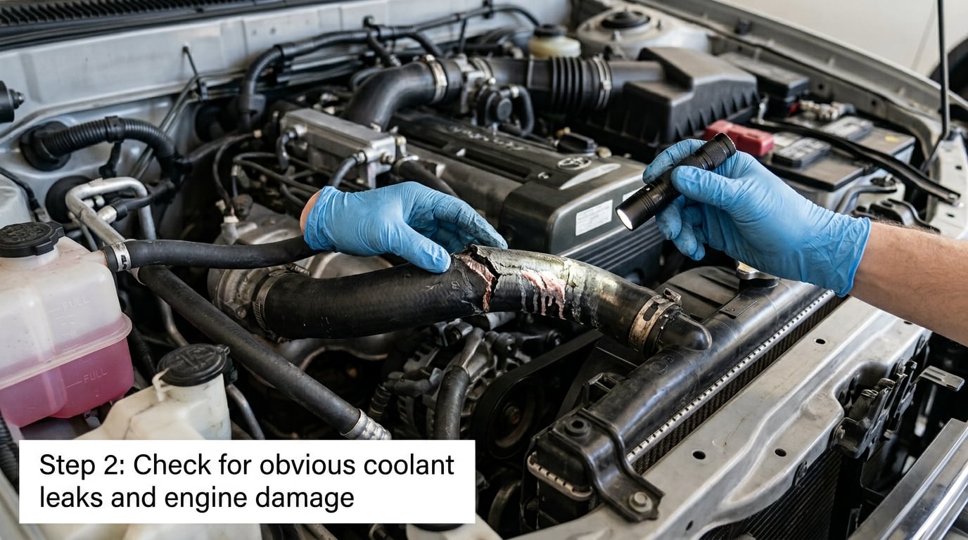 Step 2: Check for obvious coolant leaks and engine damage