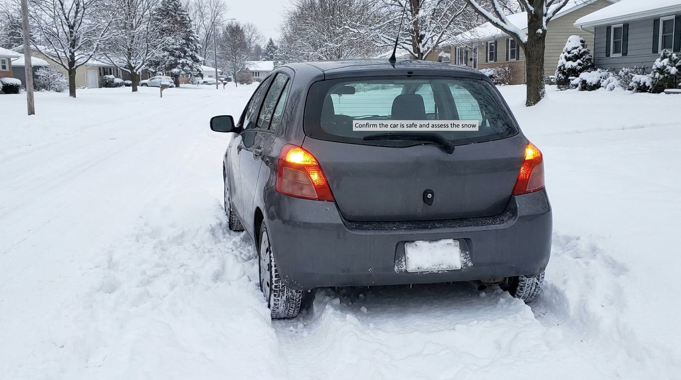 Confirm the car is safe and assess the snow