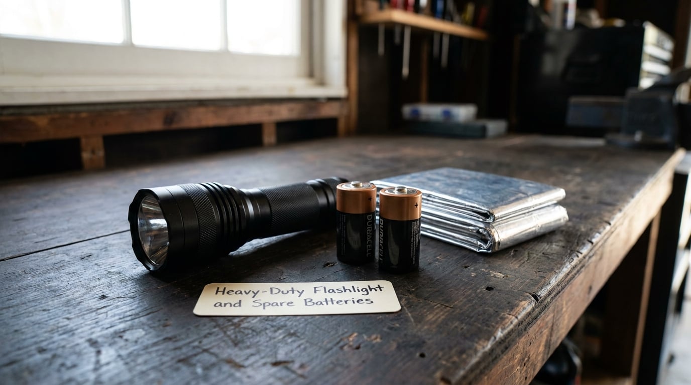 Heavy-Duty Flashlight and Spare Batteries