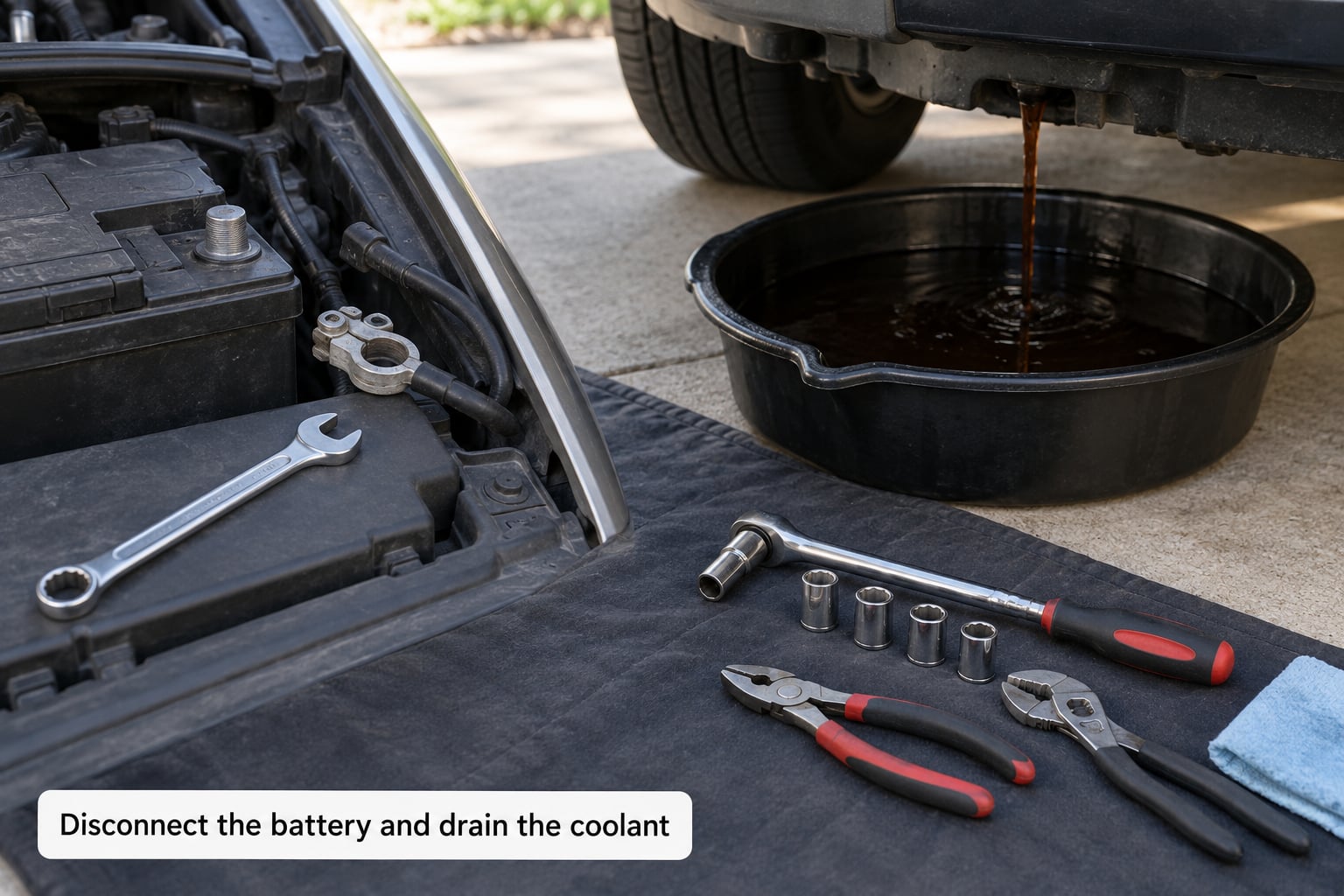 Disconnect the battery and drain the coolant
